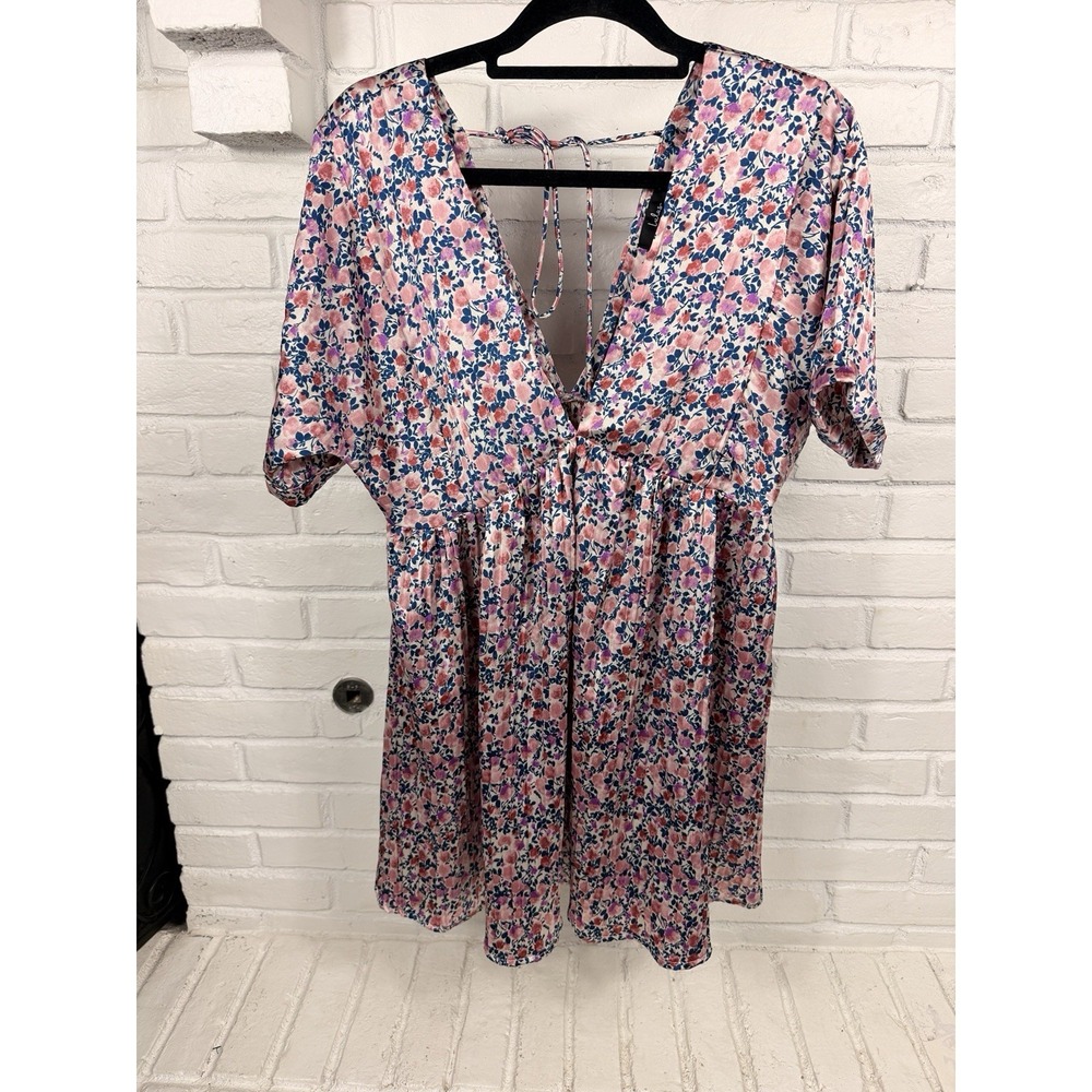 Lulus Floral Mini Dress Small Pink Blue V Neck Tie Back Boho Cottagecore